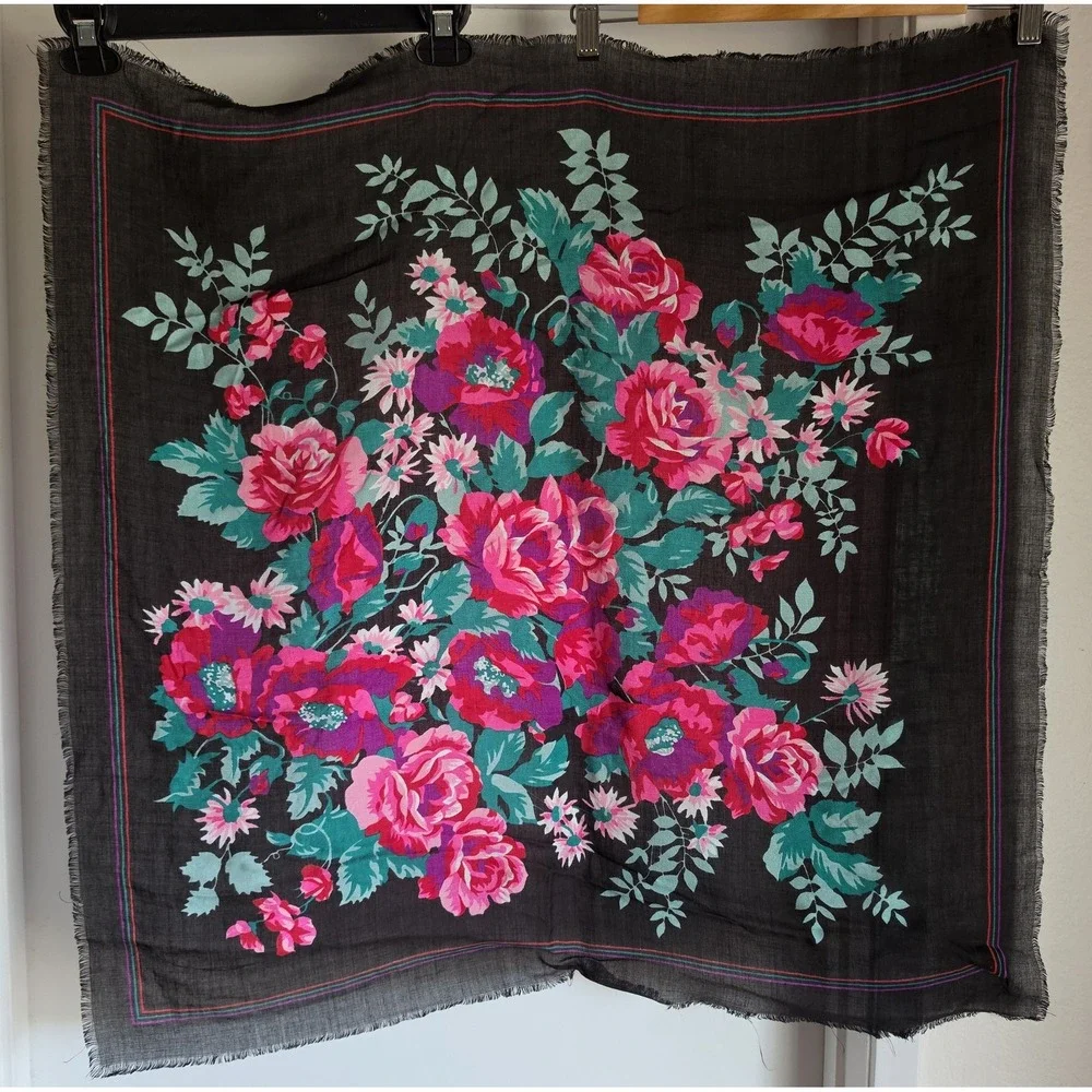 Ventex Scarf Black Pink Green Floral Women Vintage Japan Wrap Shawl